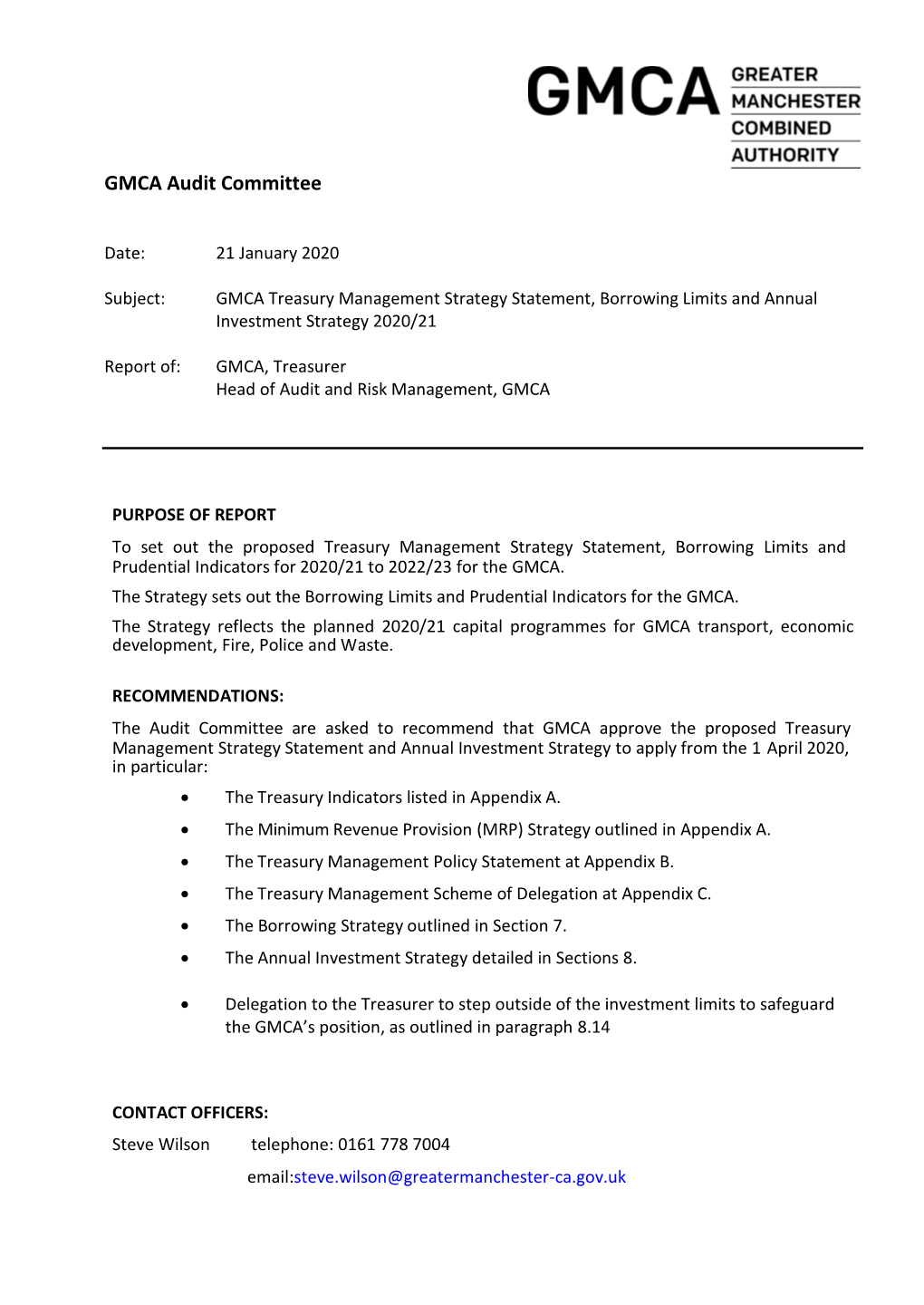 GMCA Treasury Management Strategy Statement, Borrowing Limits and Annual Investment Strategy 2020/21