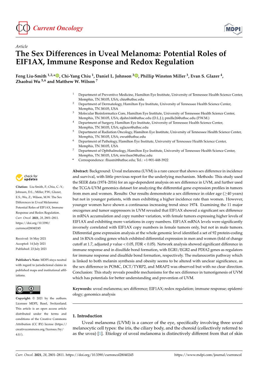 The Sex Differences in Uveal Melanoma: Potential Roles of EIF1AX, Immune Response and Redox Regulation