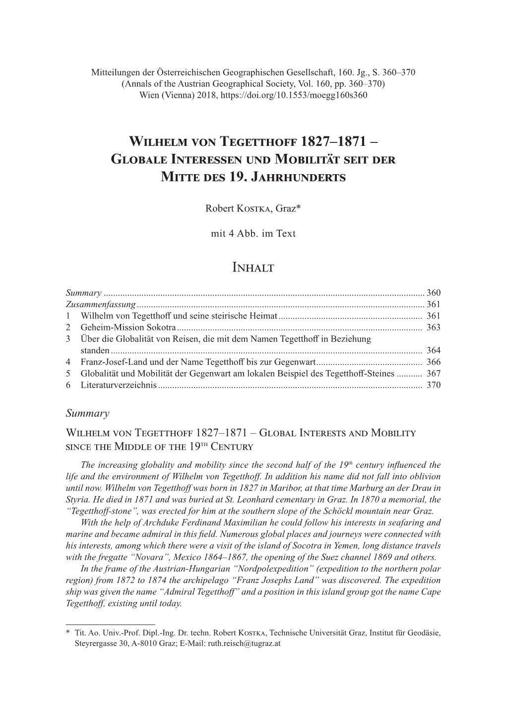 Wilhelm Von Tegetthoff 1827–1871 – Globale Interessen Und Mobilität Seit Der Mitte Des 19