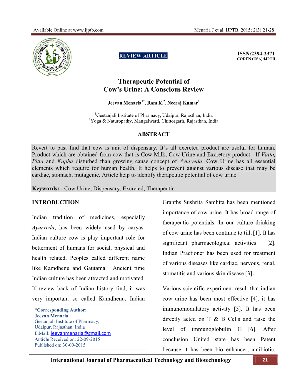 Therapeutic Potential of Cow's Urine