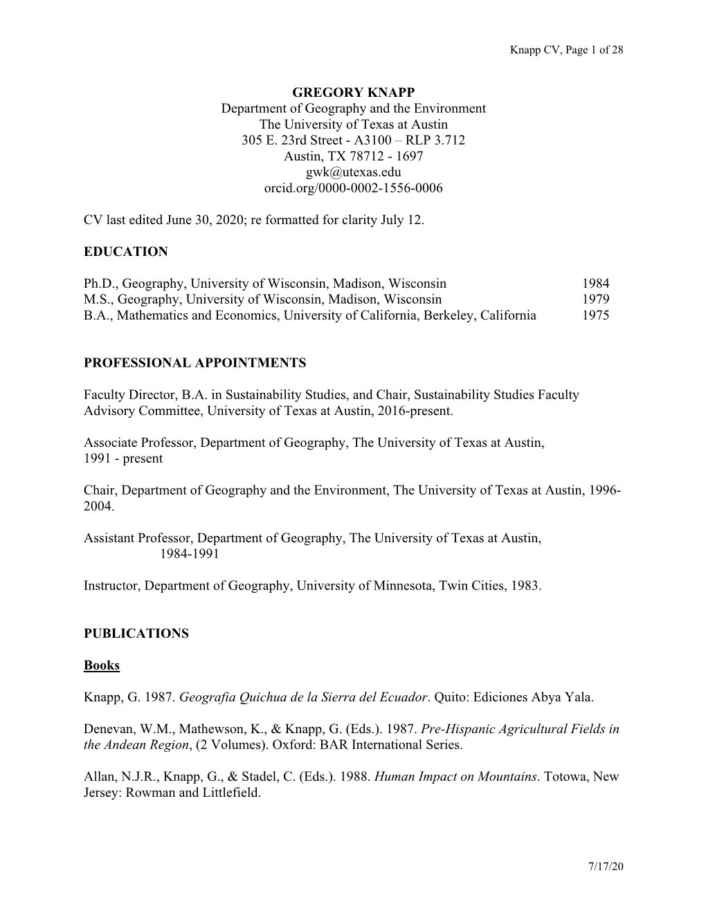 GREGORY KNAPP Department of Geography and the Environment the University of Texas at Austin 305 E