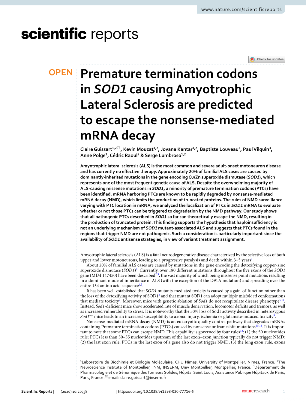 Premature Termination Codons in SOD1 Causing Amyotrophic Lateral