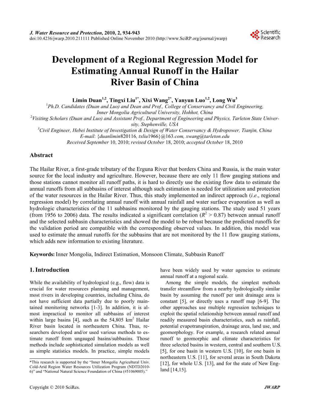 Development of a Regional Regression Model for Estimating Annual Runoff in the Hailar River Basin of China