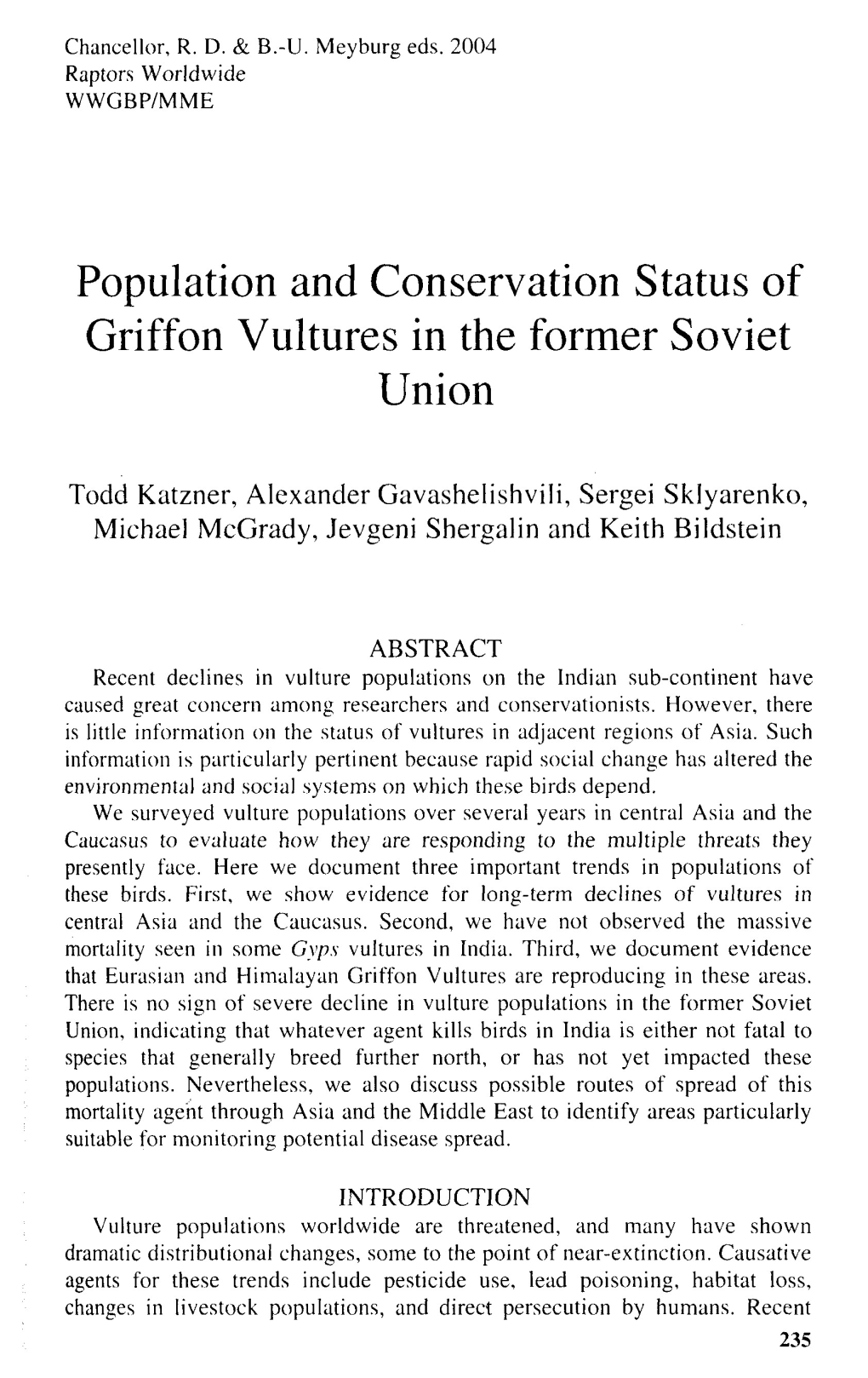 Population and Conservation Status of Griffon Vultures in the Former Soviet Union