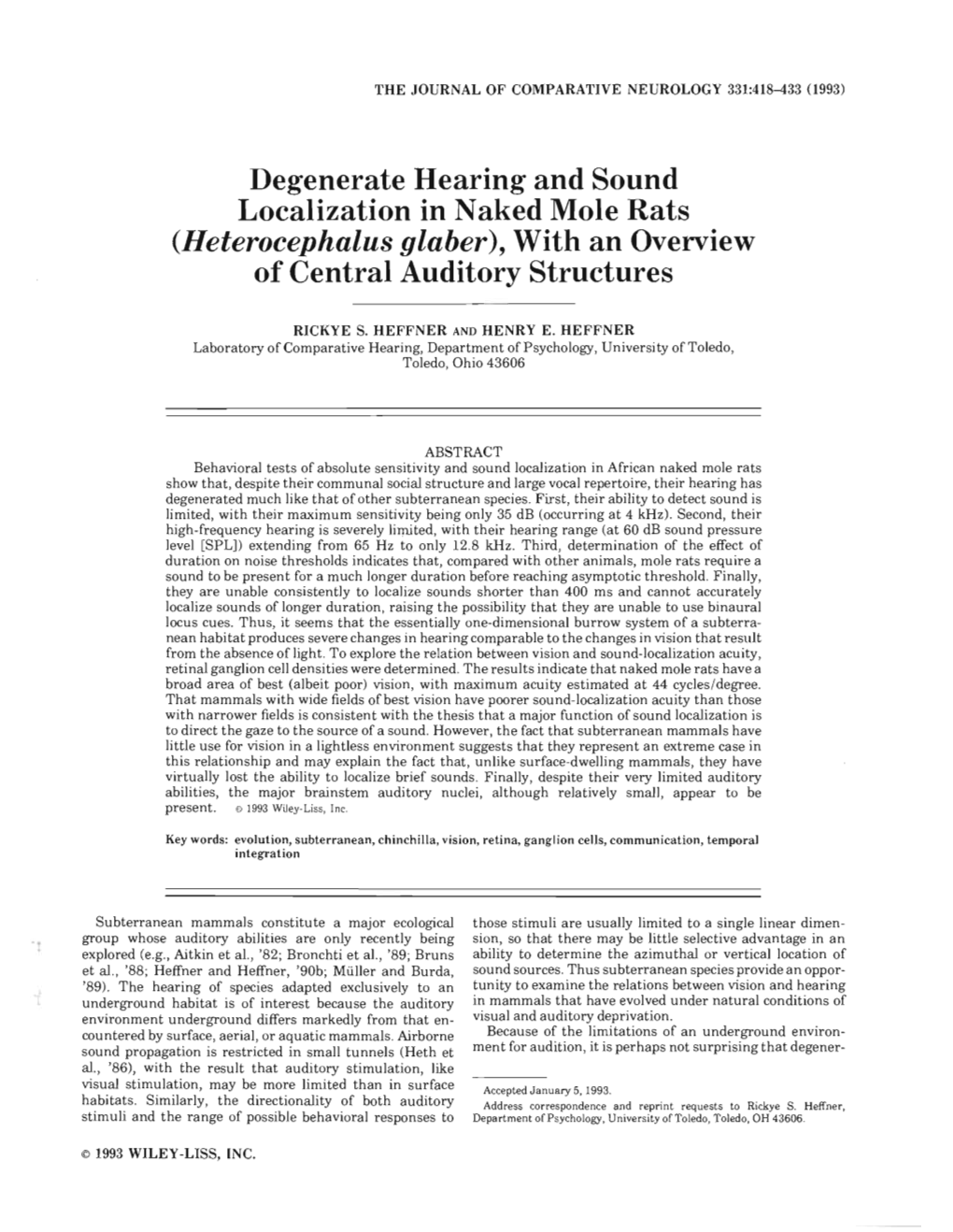 Degenerate Hearing and Sound Localization in Naked Mole Rats