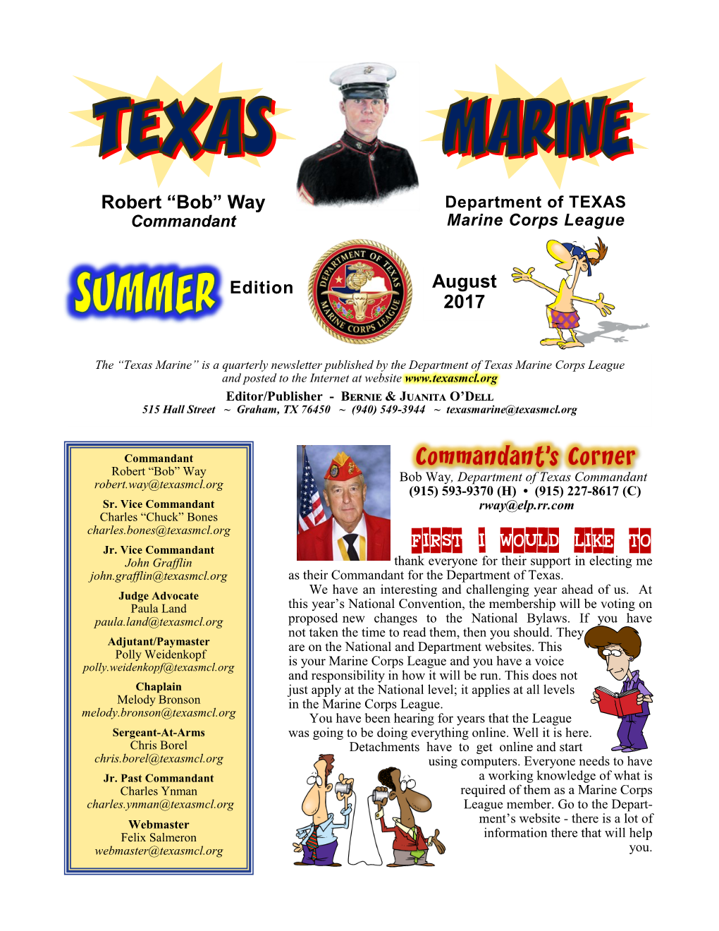 Texas Marine” Is a Quarterly Newsletter Published by the Department of Texas Marine Corps League and Posted to the Internet at Website