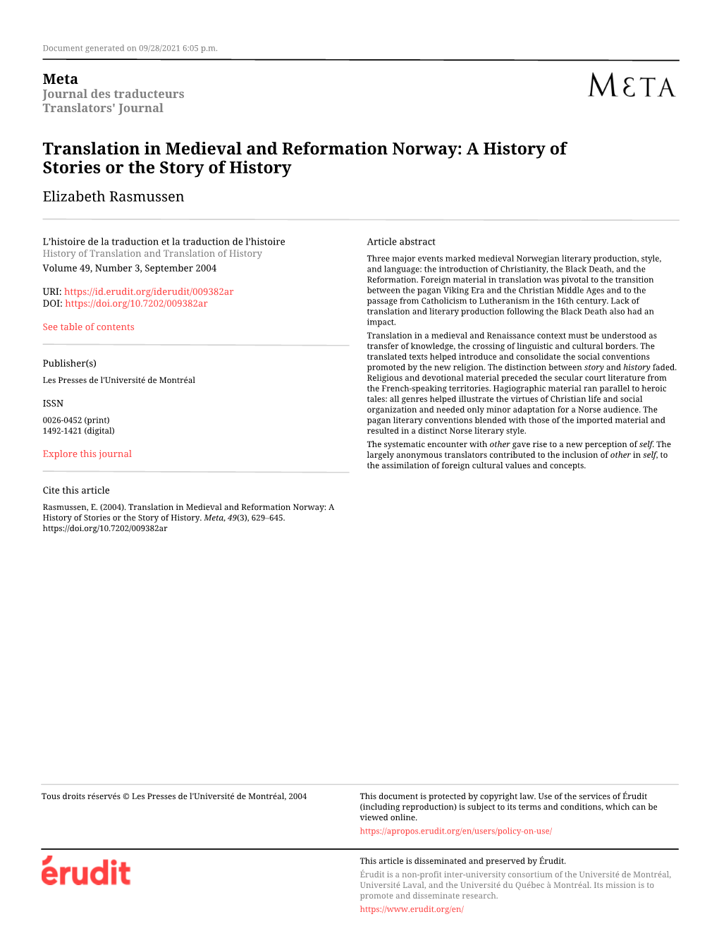 Translation in Medieval and Reformation Norway: a History of Stories Or the Story of History Elizabeth Rasmussen