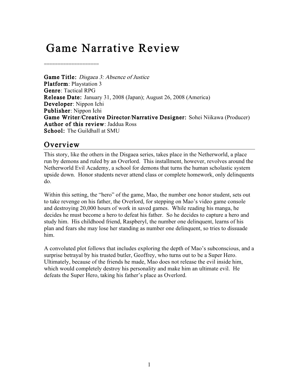 Game Narrative Review