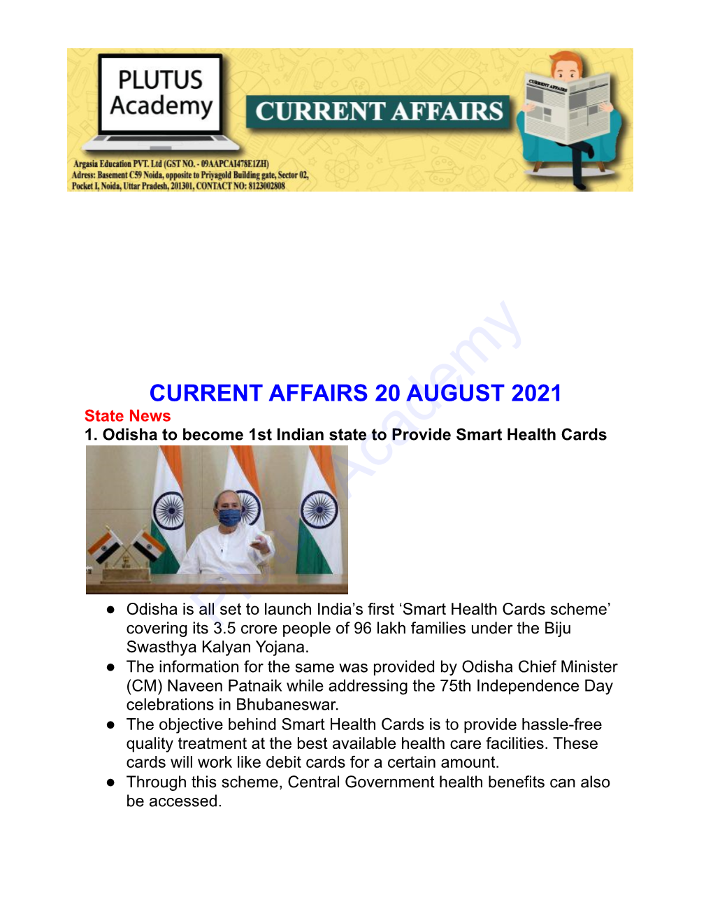 CURRENT AFFAIRS 20 AUGUST 2021 State News 1