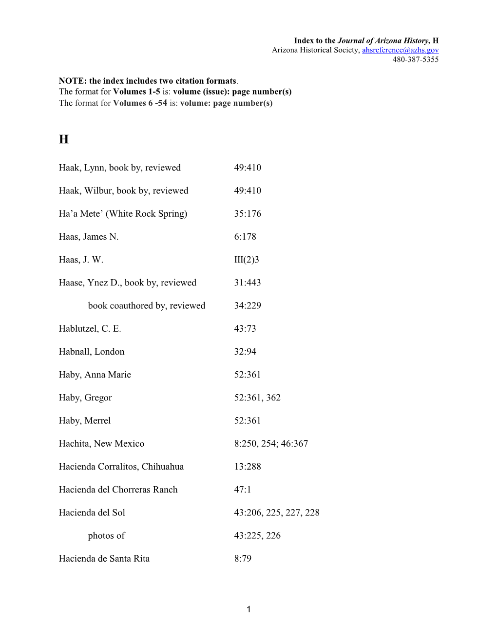 Journal of Arizona History Index, H