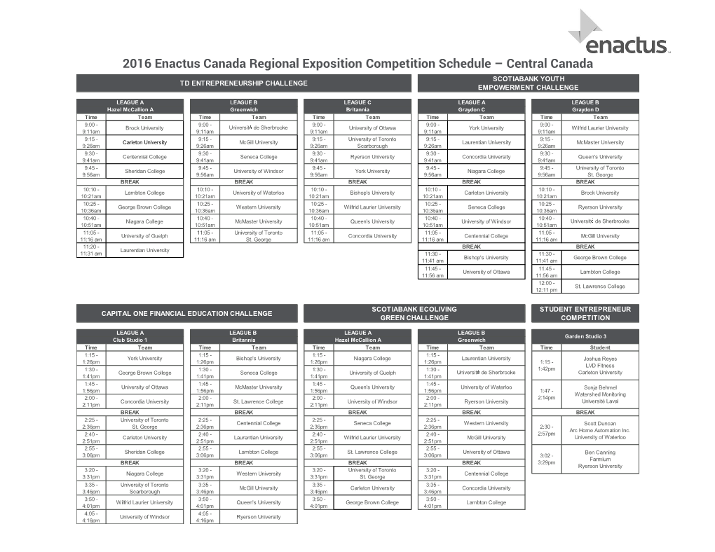 2016 Enactus Canada Regional Exposition Competition Schedule – Central Canada SCOTIABANK YOUTH TD ENTREPRENEURSHIP CHALLENGE EMPOWERMENT CHALLENGE