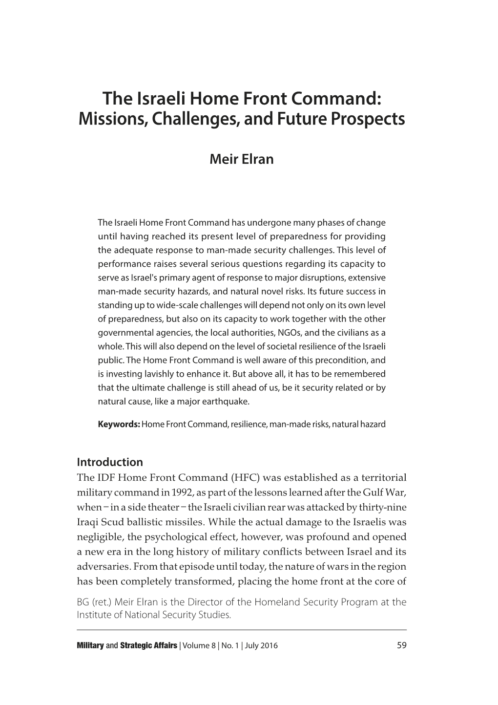 The Israeli Home Front Command: Missions, Challenges, and Future Prospects