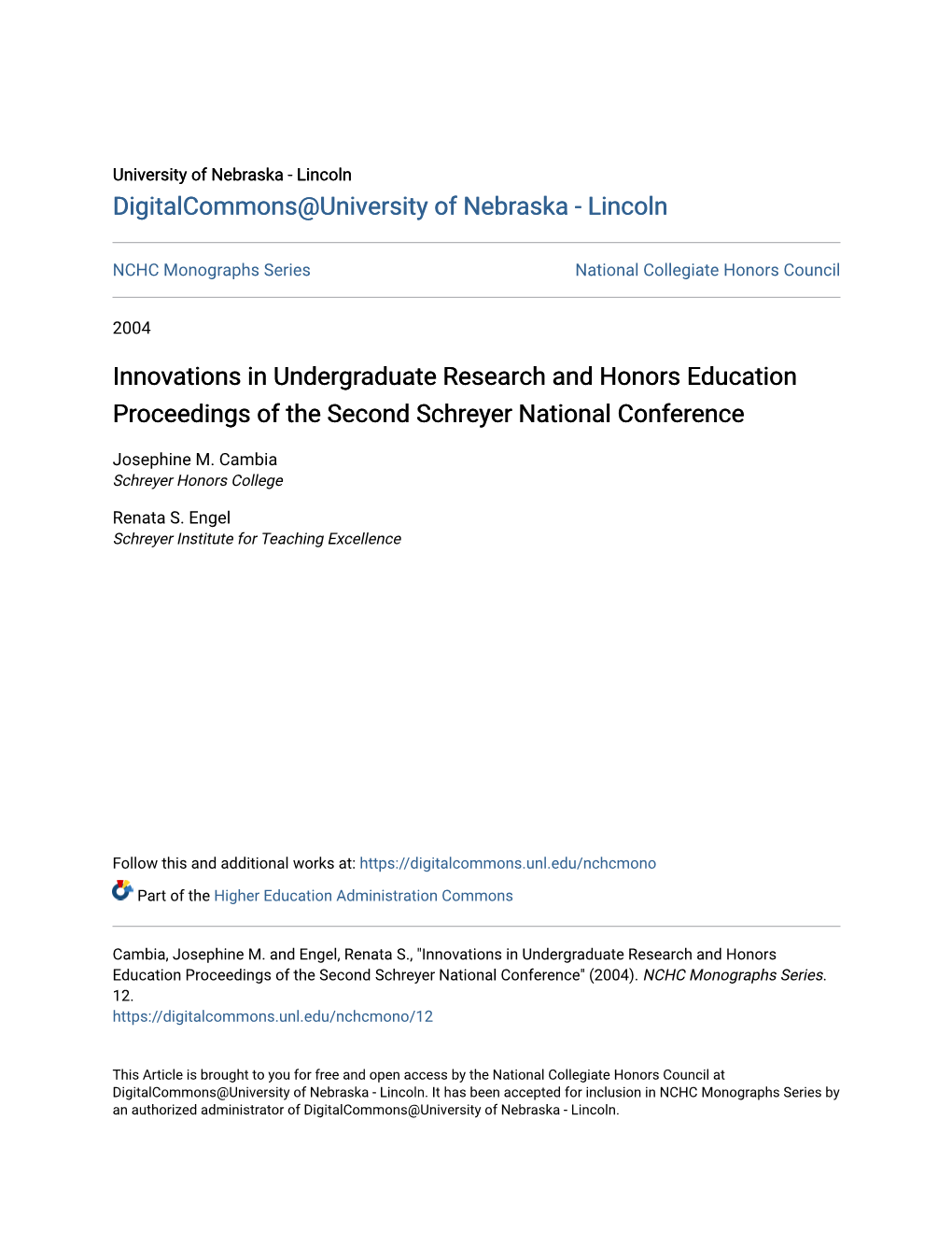 Innovations in Undergraduate Research and Honors Education Proceedings of the Second Schreyer National Conference