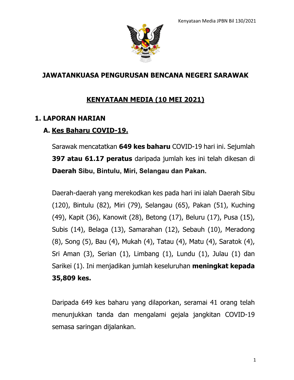(10 MEI 2021) 1. LAPORAN HARIAN A. Kes Baharu COVID-19. Sarawak M