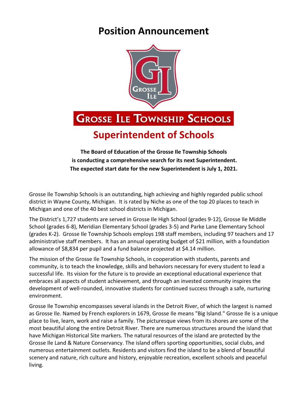 Position Announcement Superintendent of Schools