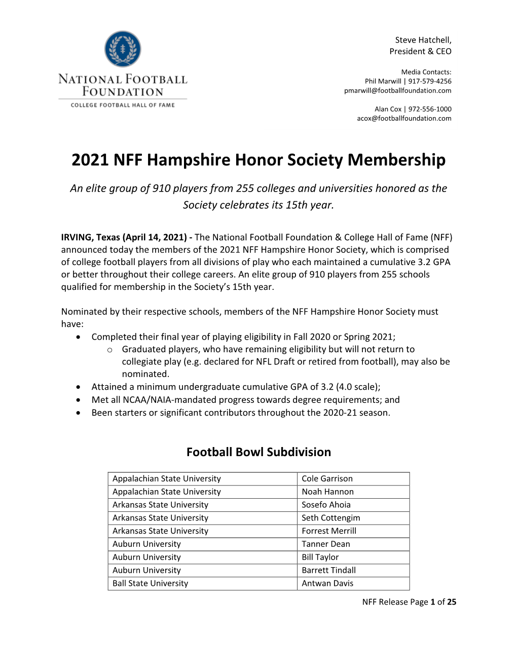 2021 NFF Hampshire Honor Society Membership an Elite Group of 910 Players from 255 Colleges and Universities Honored As the Society Celebrates Its 15Th Year