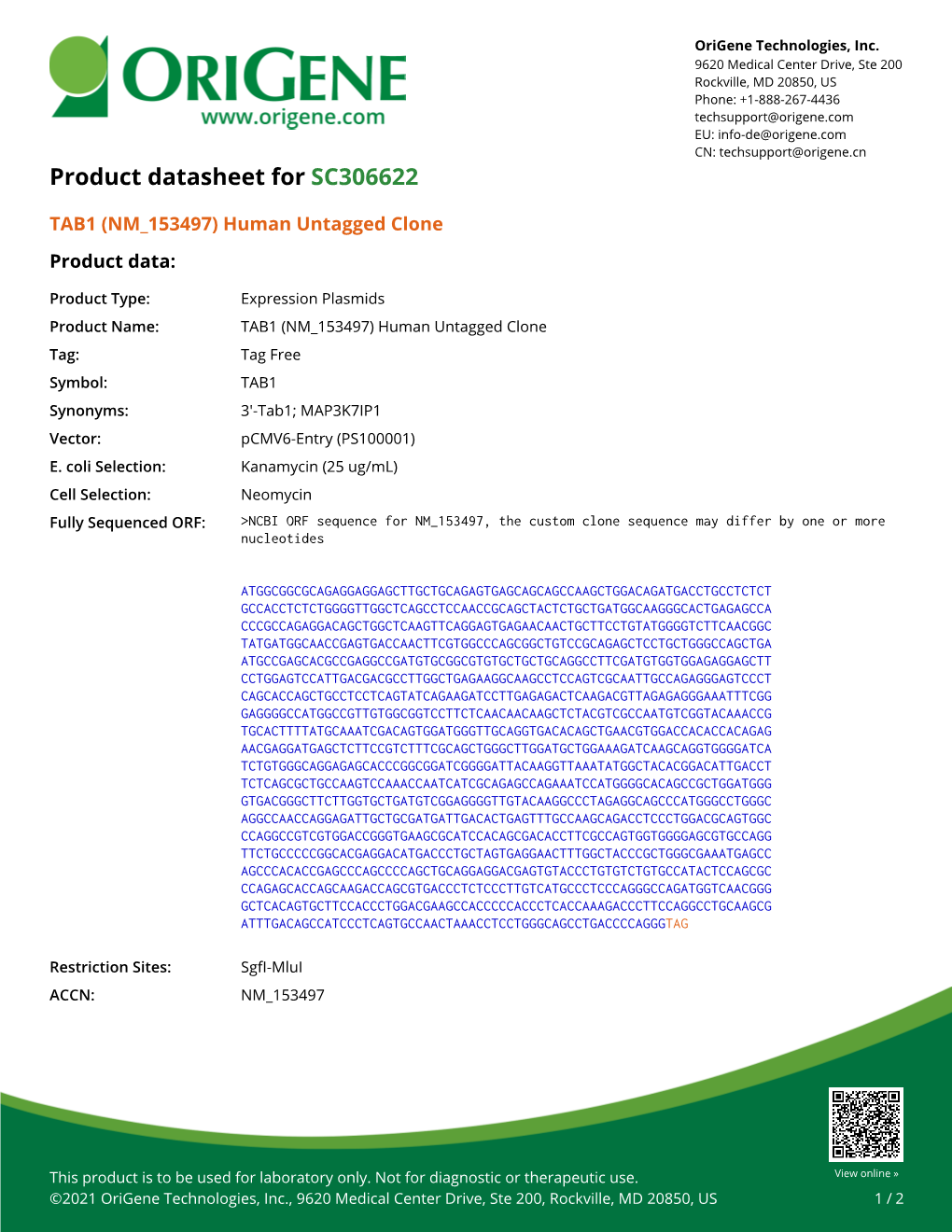 TAB1 (NM 153497) Human Untagged Clone – SC306622 | Origene