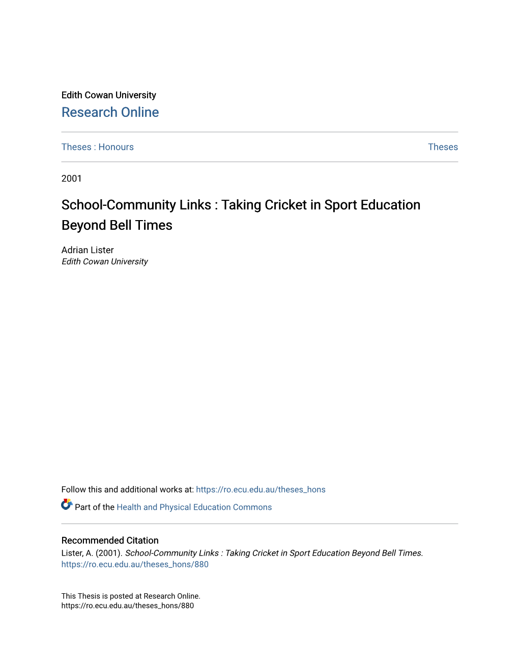 School-Community Links : Taking Cricket in Sport Education Beyond Bell Times