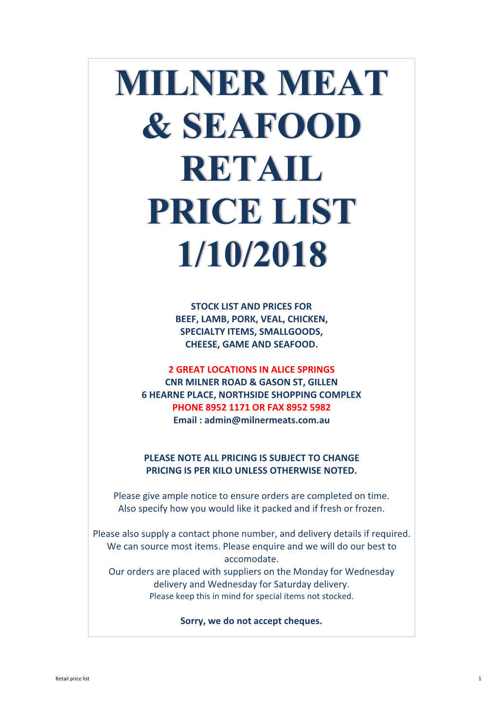 Milner Meat & Seafood Retail Price List 1/10/2018