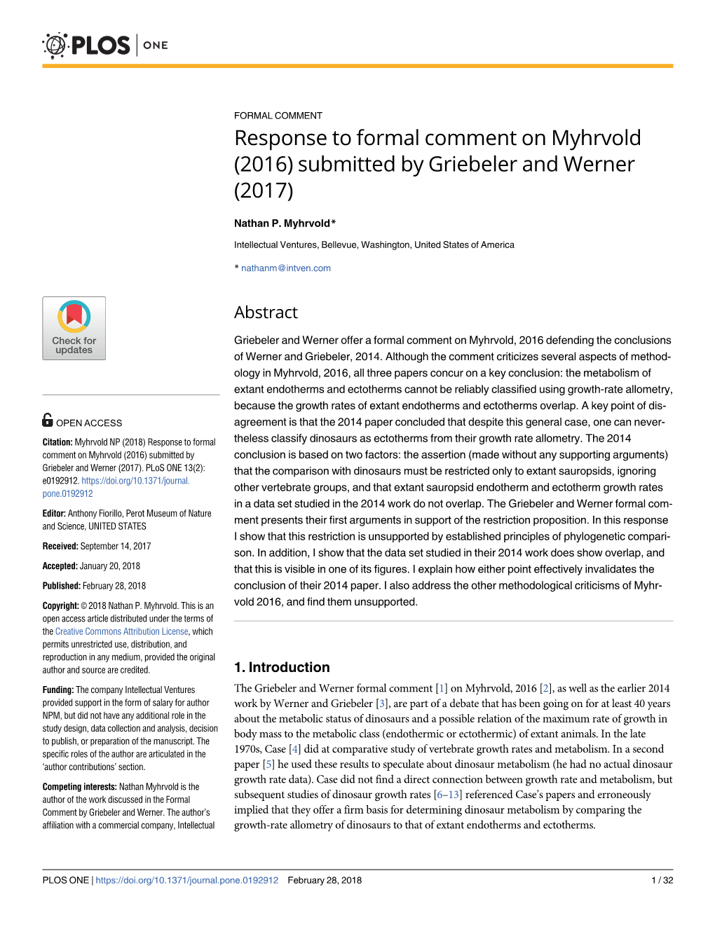 Response to Formal Comment on Myhrvold (2016) Submitted by Griebeler and Werner (2017)