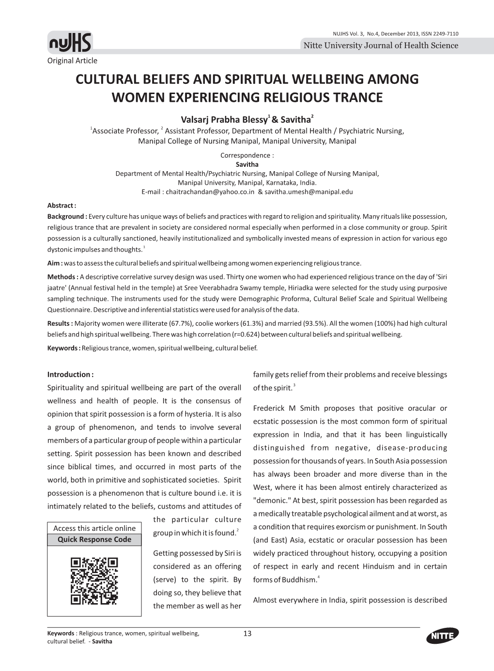 Cultural Beliefs and Spiritual Wellbeing Among Women