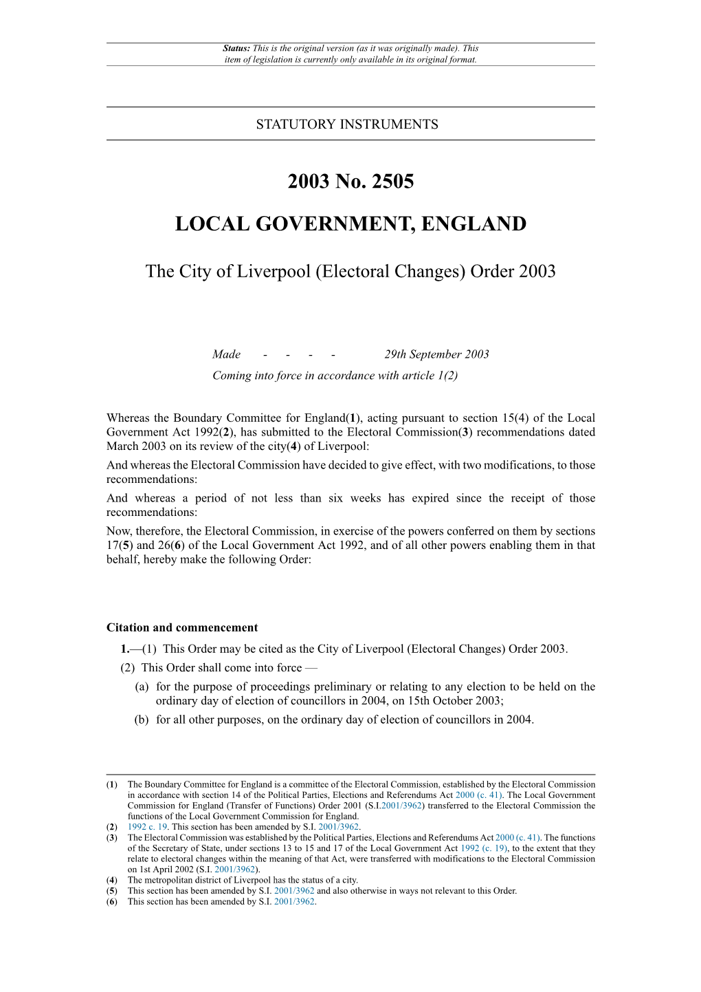 The City of Liverpool (Electoral Changes) Order 2003