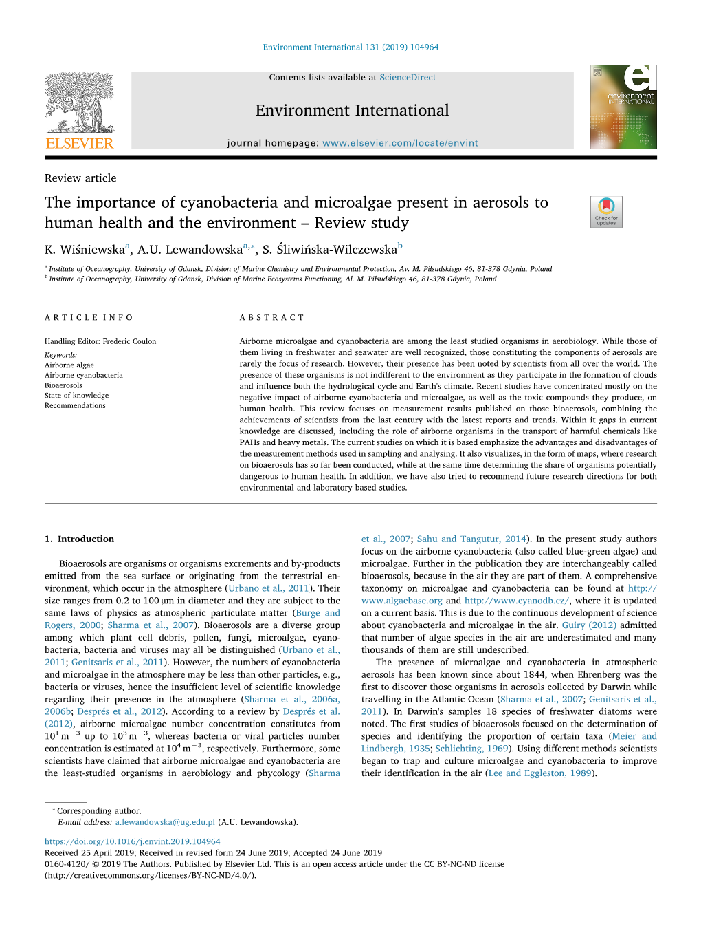 The Importance of Cyanobacteria and Microalgae Present in Aerosols to Human Health and the Environment – Review Study T ⁎ K