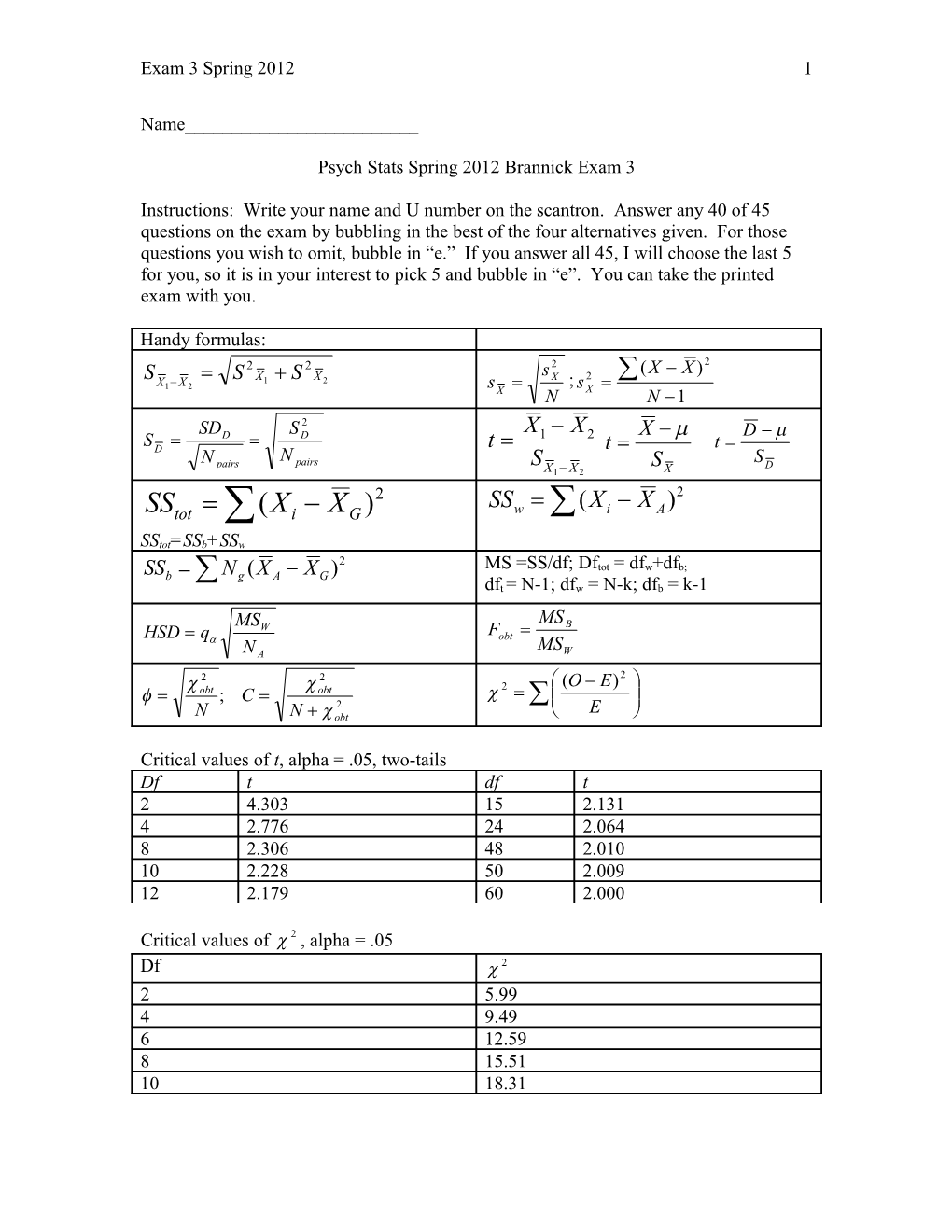 Psych Stats Spring 2012 Brannick Exam 3