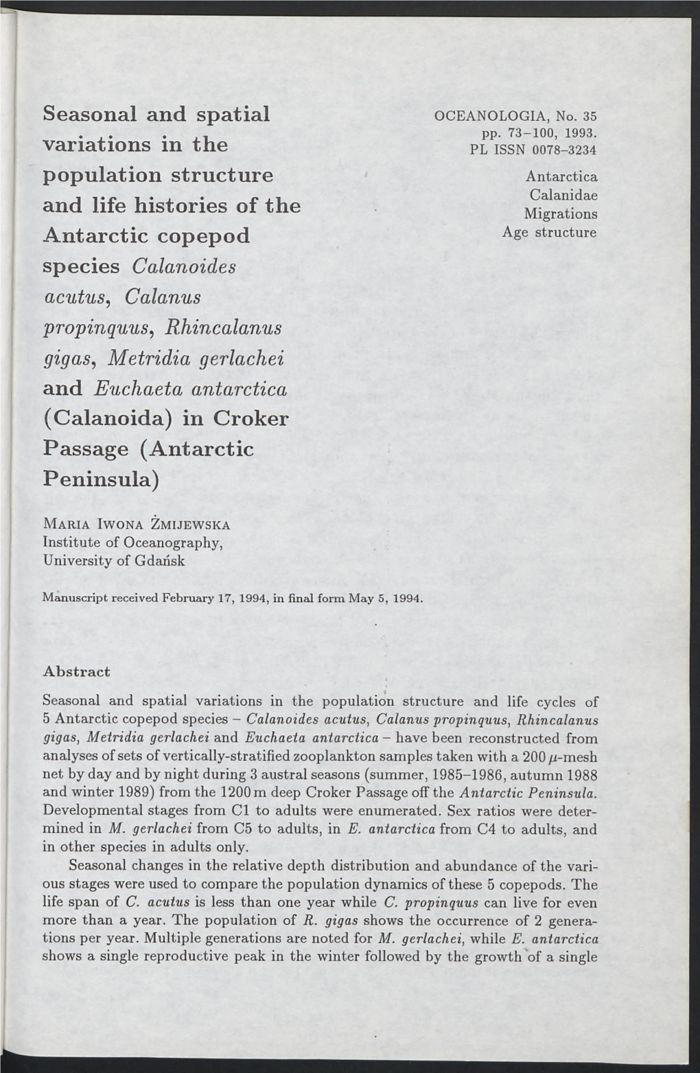 Seasonal and Spatial Variations in the Population Structure and Life Histories of the Antarctic Copepod Species Calanoides Acutu