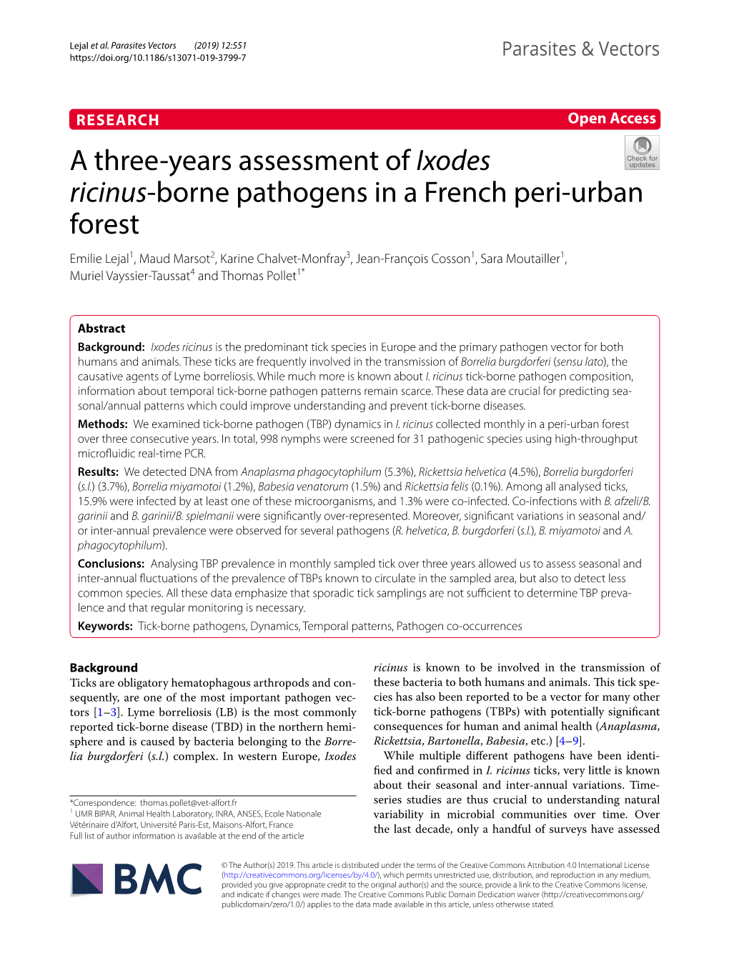 A Three-Years Assessment of Ixodes Ricinus-Borne Pathogens in A