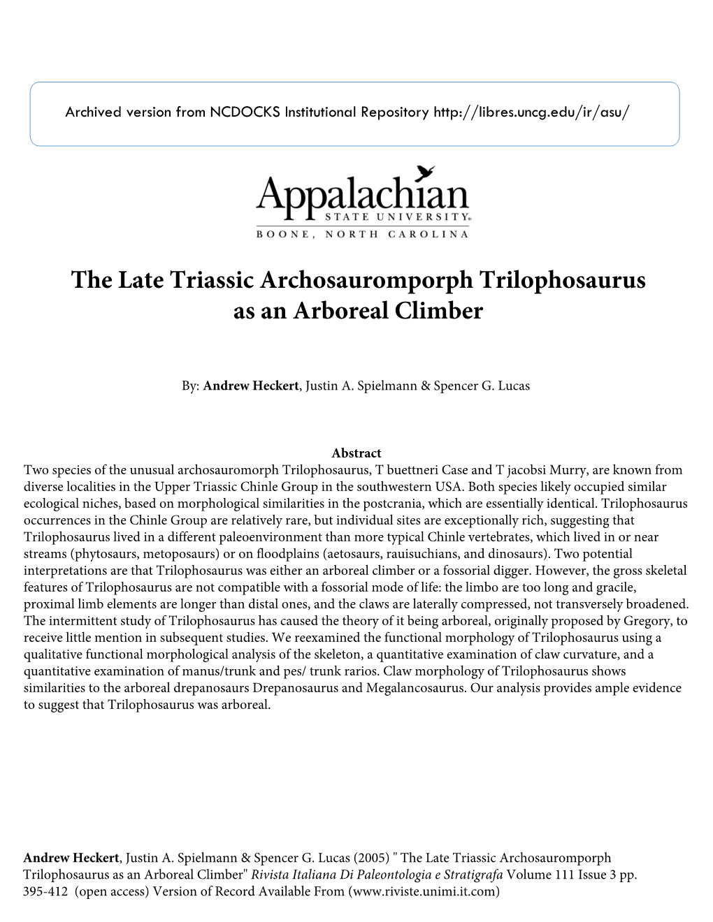 The Late Triassic Archosauromporph Trilophosaurus As an Arboreal Climber