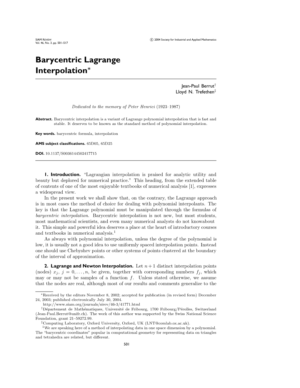 Barycentric Lagrange Interpolation∗