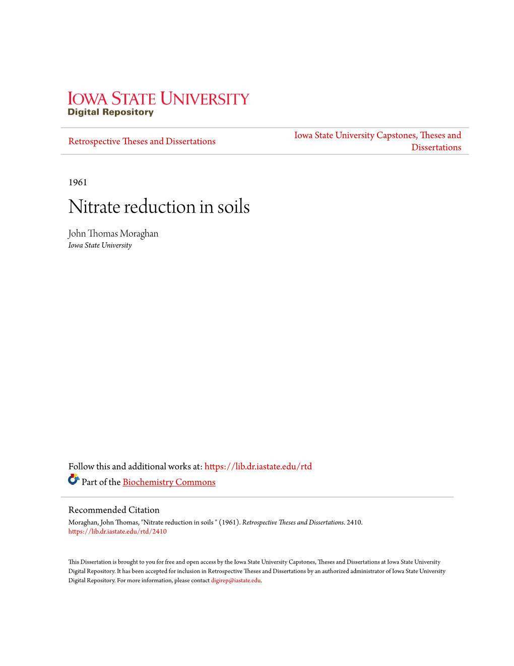 Nitrate Reduction in Soils John Thomas Moraghan Iowa State University