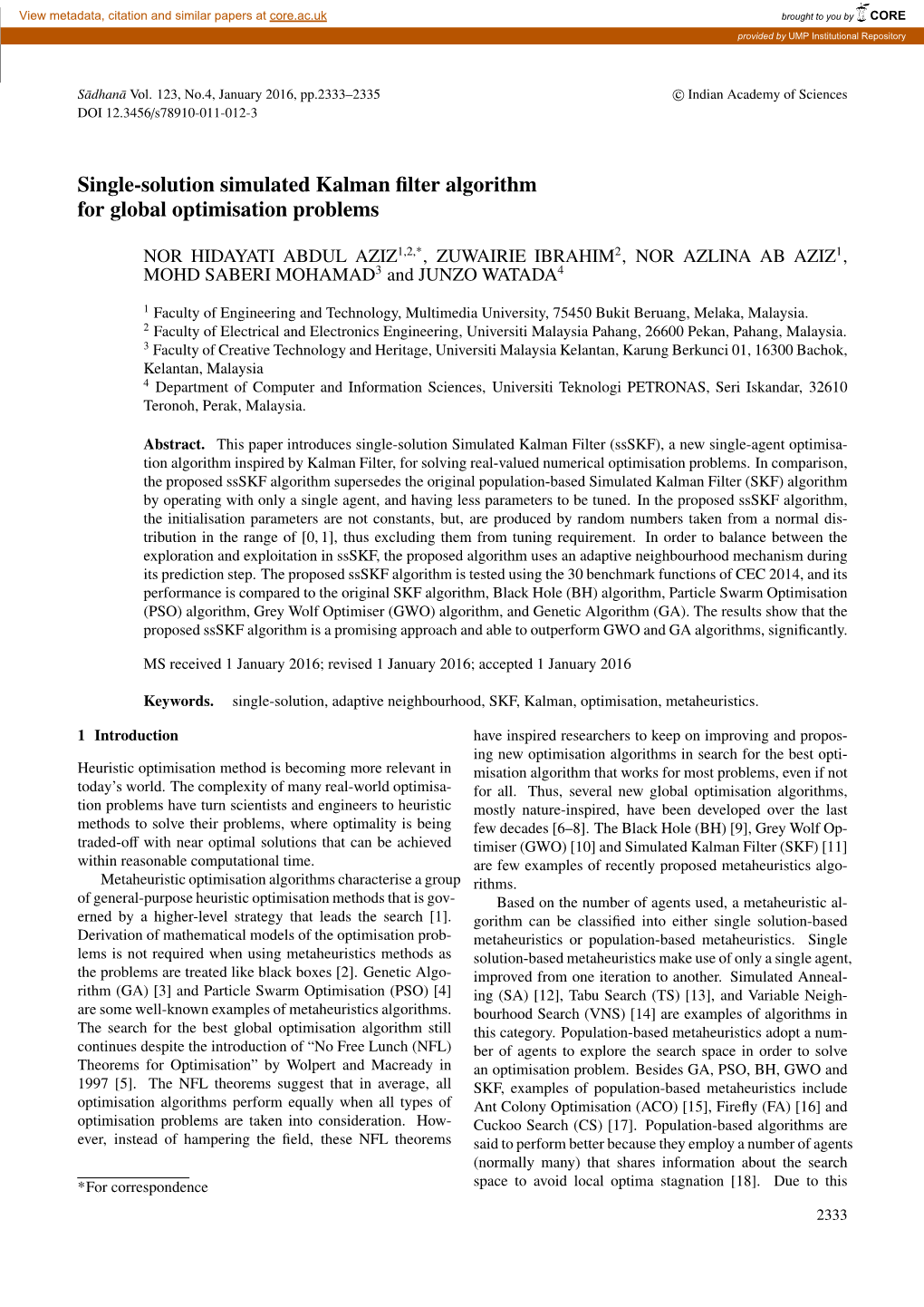 Single-Solution Simulated Kalman Filter Algorithm for Global Optimisation