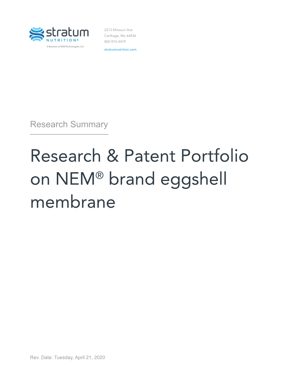 Research & Patent Portfolio on NEM® Brand Eggshell Membrane