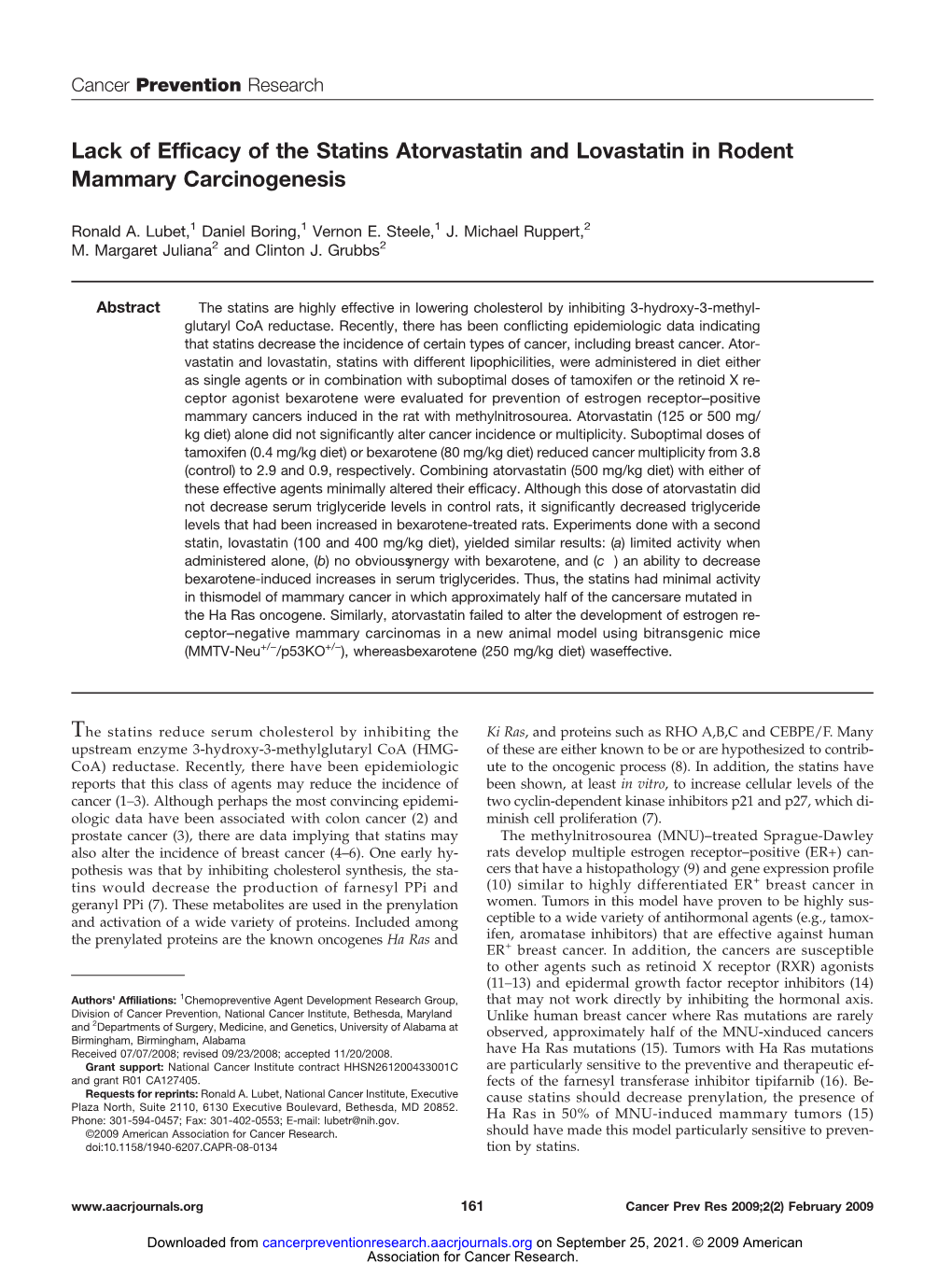 Lack of Efficacy of the Statins Atorvastatin and Lovastatin in Rodent Mammary Carcinogenesis