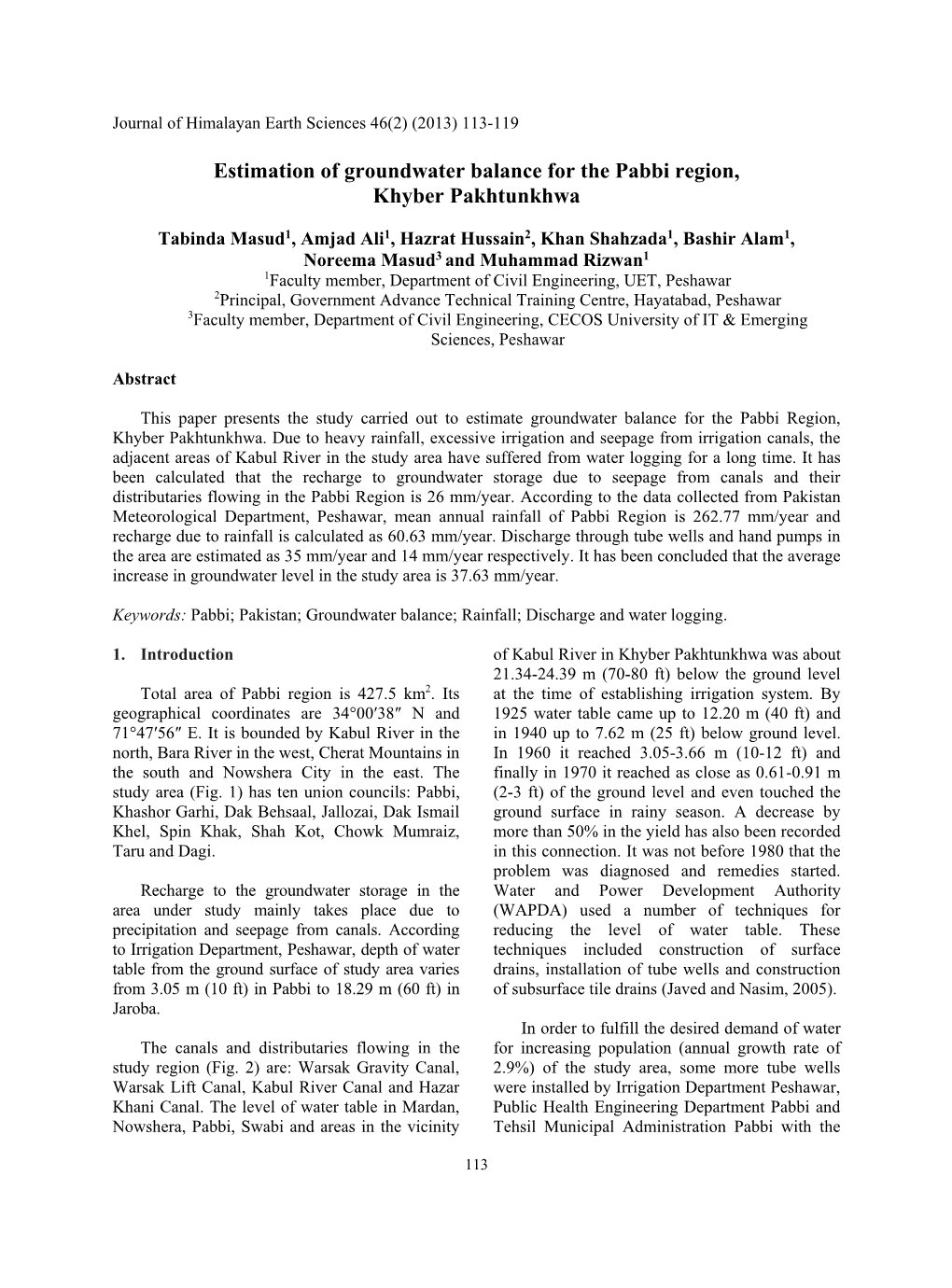 Estimation of Groundwater Balance for Pabbi Region, Khyber Pakhtunkhwa