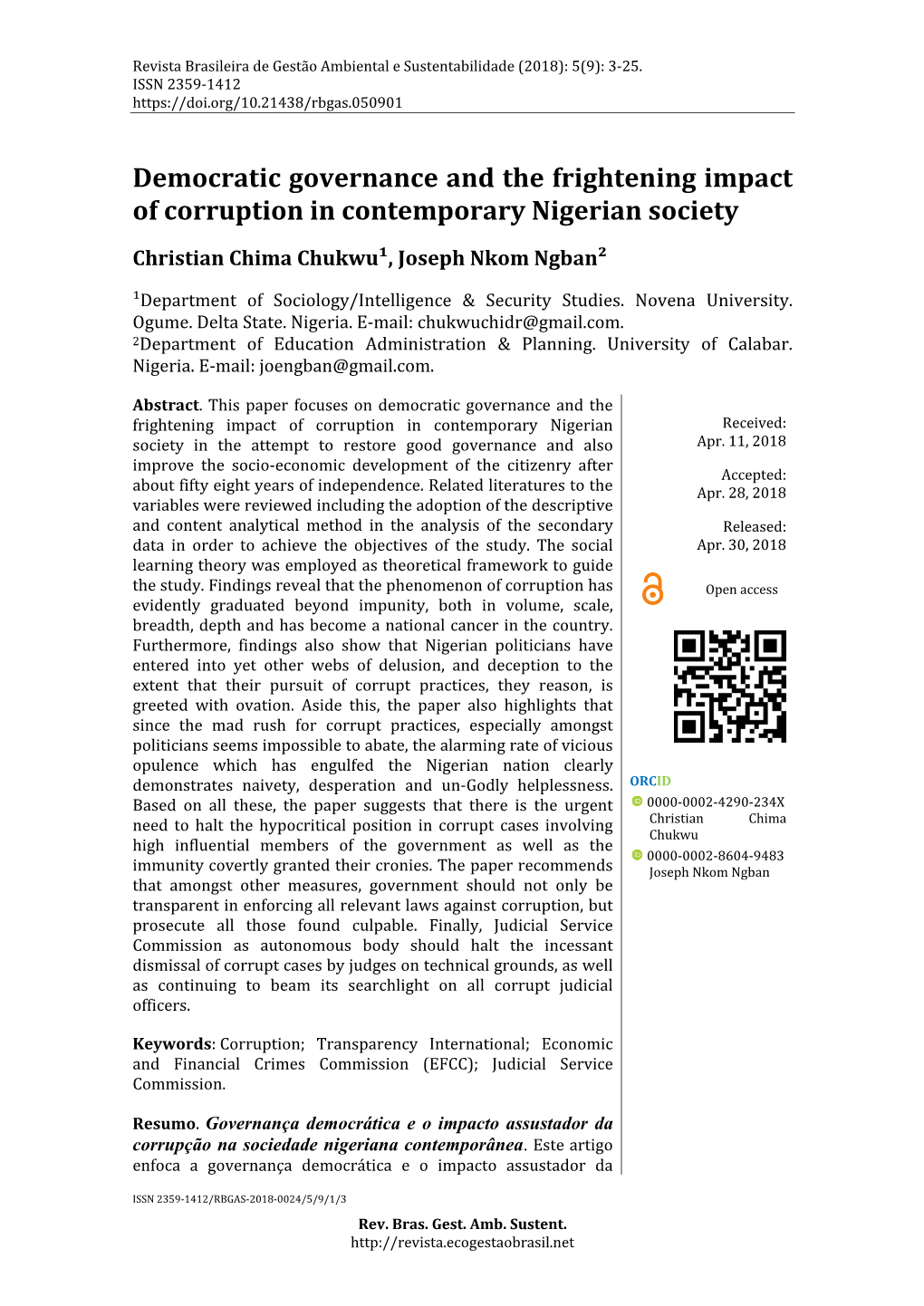 Democratic Governance and the Frightening Impact of Corruption in Contemporary Nigerian Society