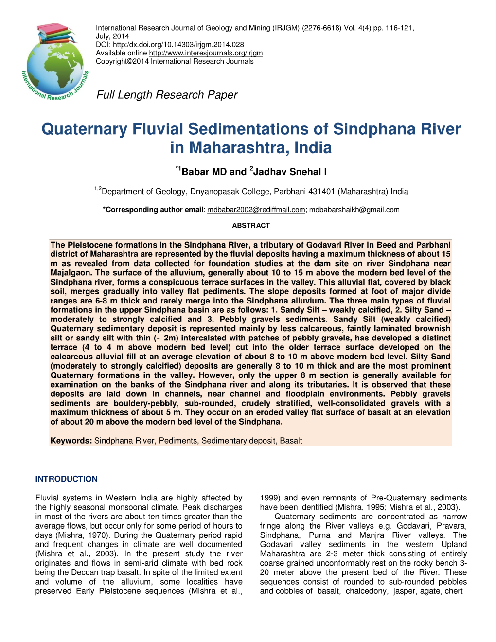 Quaternary Fluvial Sedimentations of Sindphana River in Maharashtra, India