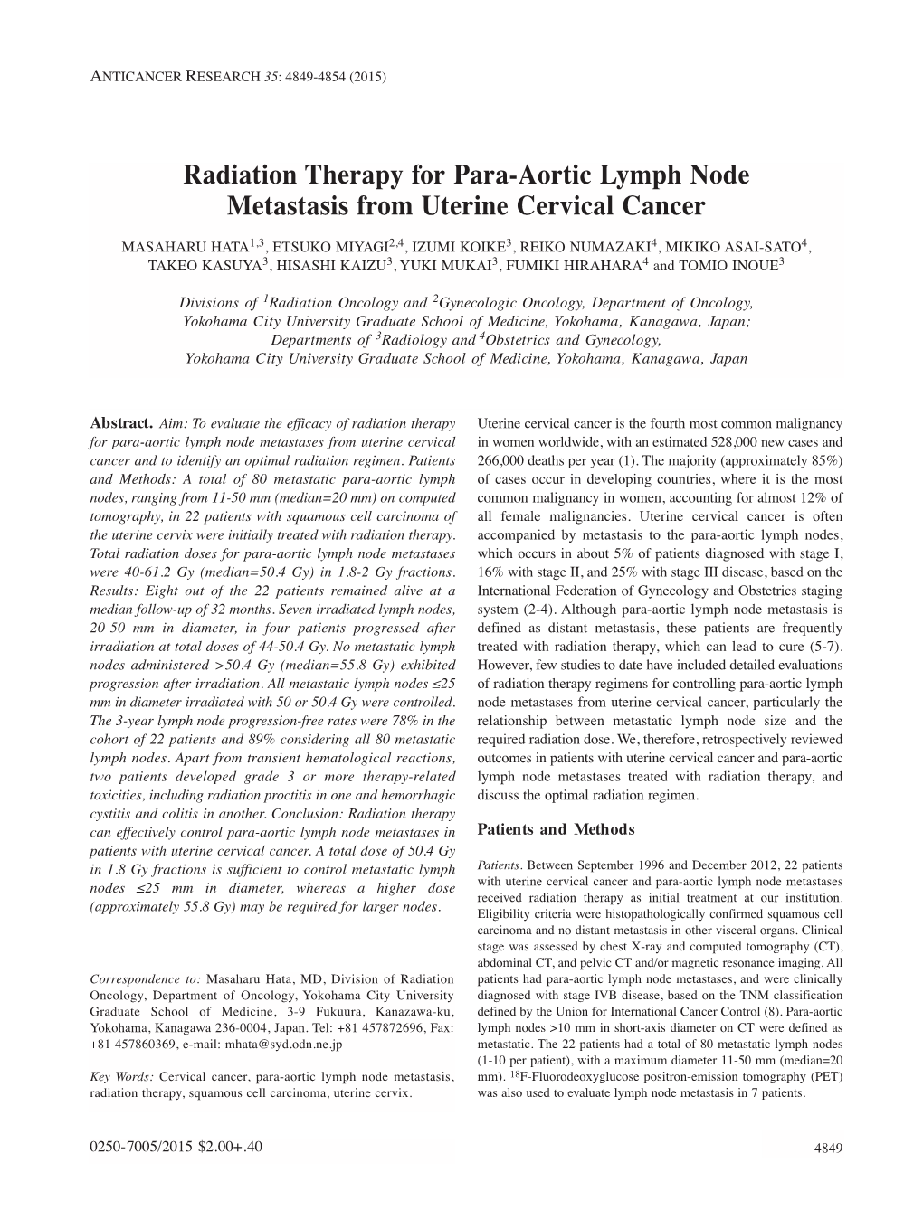 Radiation Therapy for Para-Aortic Lymph Node Metastasis from Uterine Cervical Cancer