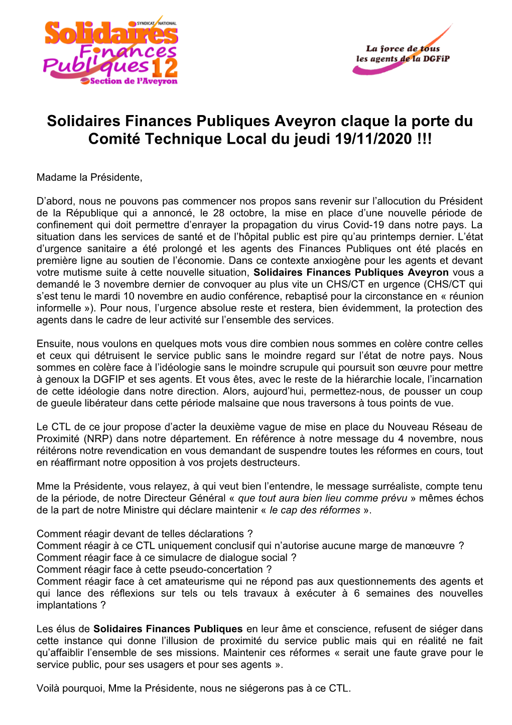 Solidaires Finances Publiques Aveyron Claque La Porte Du Comité Technique Local Du Jeudi 19/11/2020 !!!