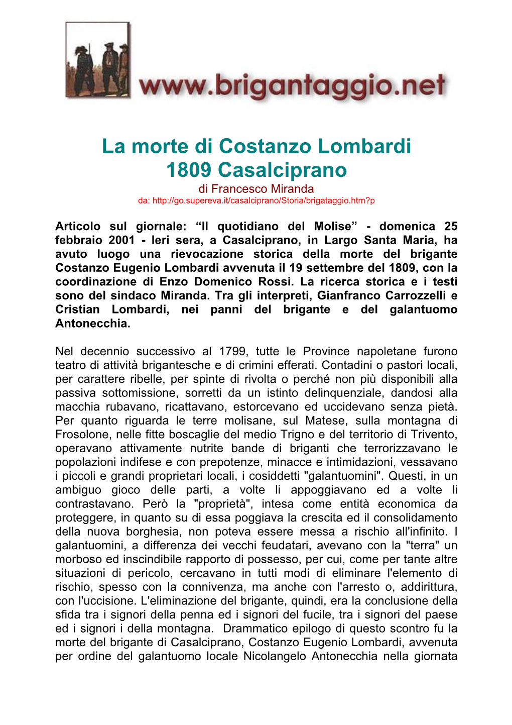 La Morte Di Costanzo Lombardi 1809 Casalciprano Di Francesco Miranda Da