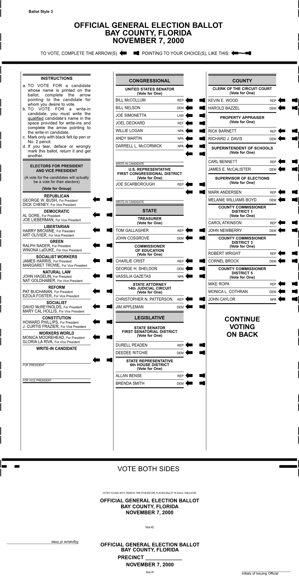 Official General Election Ballot Bay County, Florida November 7, 2000