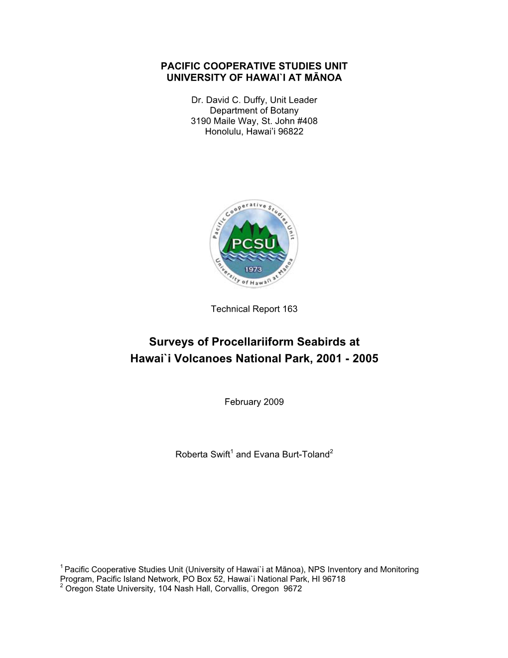 Surveys of Procellariiform Seabirds at Hawai`I Volcanoes National Park, 2001 - 2005