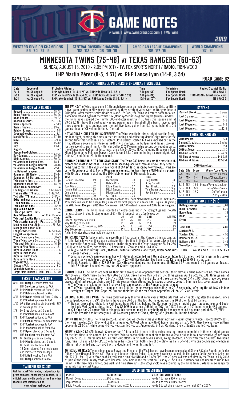 Twins Notes, 8-18 At