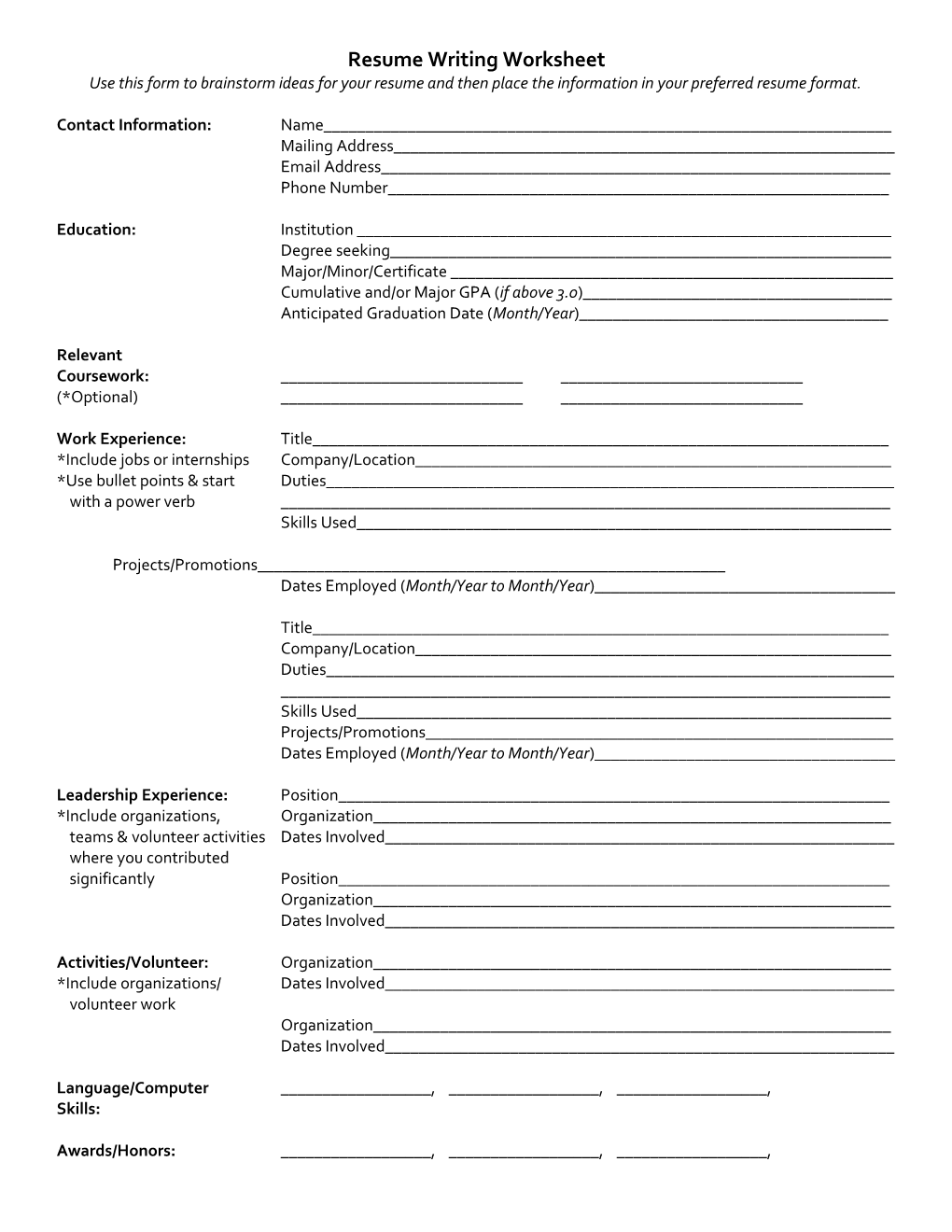 Resume Writing Worksheet