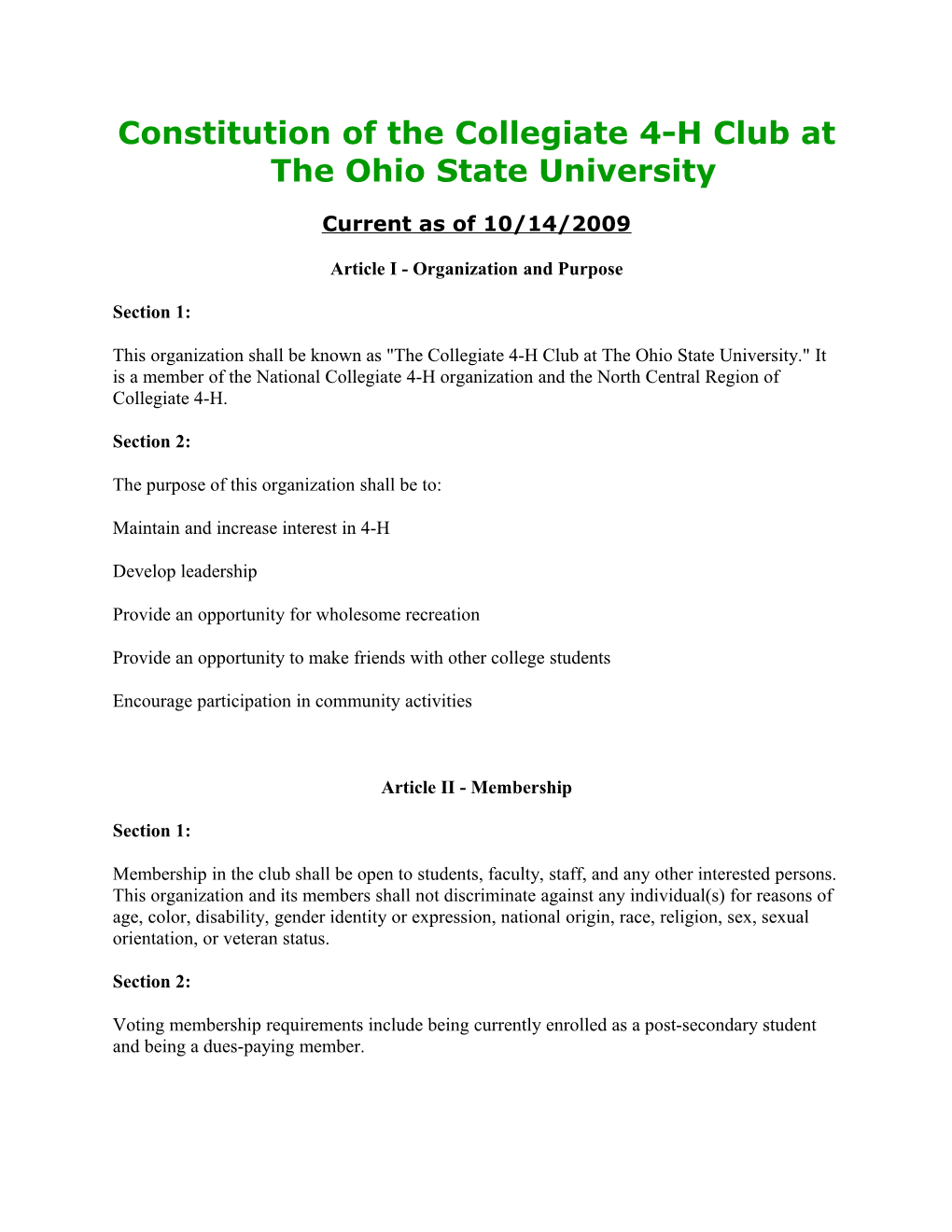 Constitution of the Collegiate 4-H Club at the Ohio State University