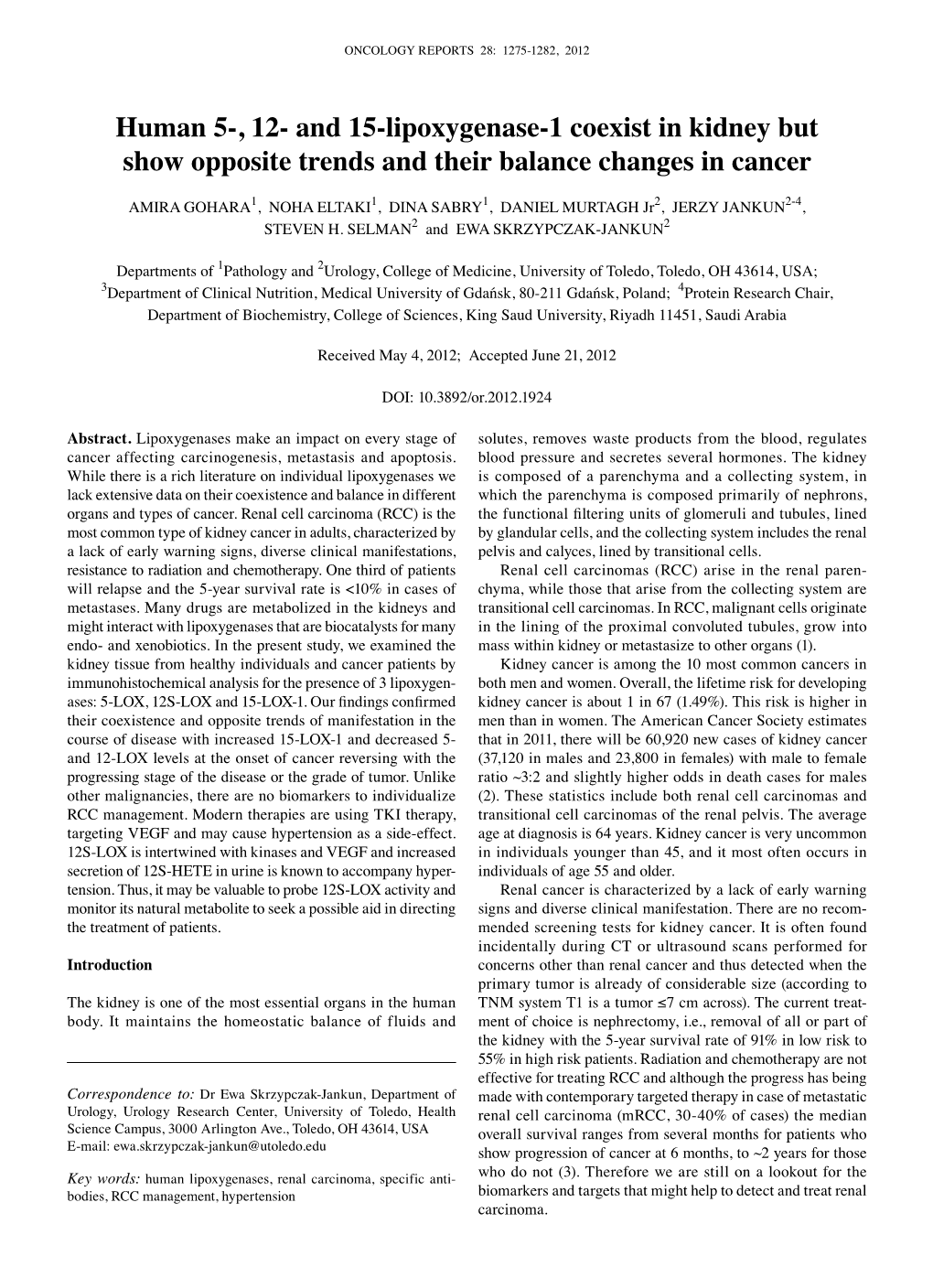 And 15-Lipoxygenase-1 Coexist in Kidney but Show Opposite Trends and Their Balance Changes in Cancer