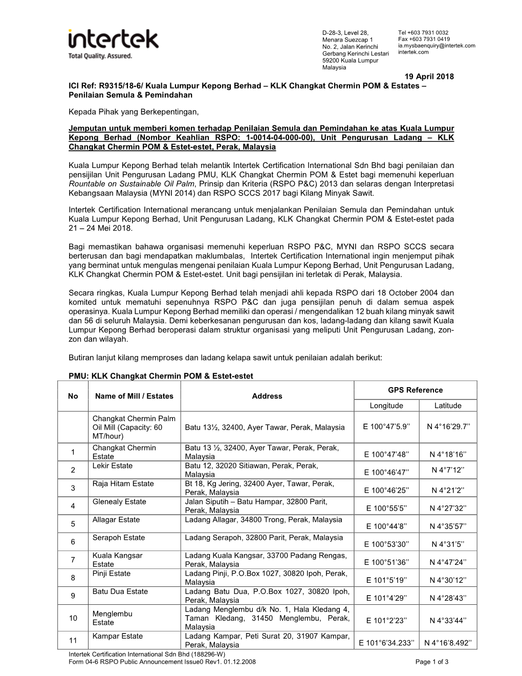 Kuala Lumpur Kepong Berhad – KLK Changkat Chermin POM & Estates – Penilaian Semula & Pemindahan