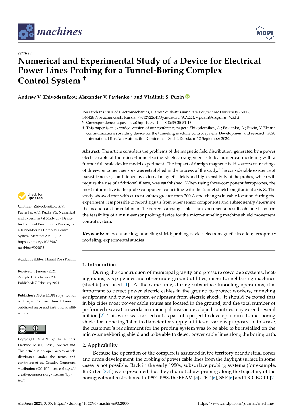 Numerical and Experimental Study of a Device for Electrical Power Lines Probing for a Tunnel-Boring Complex Control System †